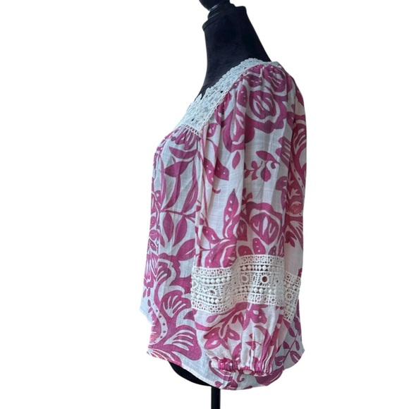 Zac & Rachel Boho Floral Lace Crochet Peasant Blouse Magenta Pink White Medium - Picture 3 of 8